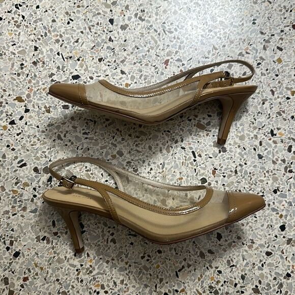 Kate Spade mesh slingback patent trim heels pump tan nude beige 7 - Picture 2 of 10